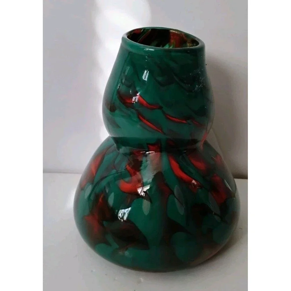 Vintage Hand Blown Swirl Art Glass Vase Emerald Green Crimson Signed Val 00